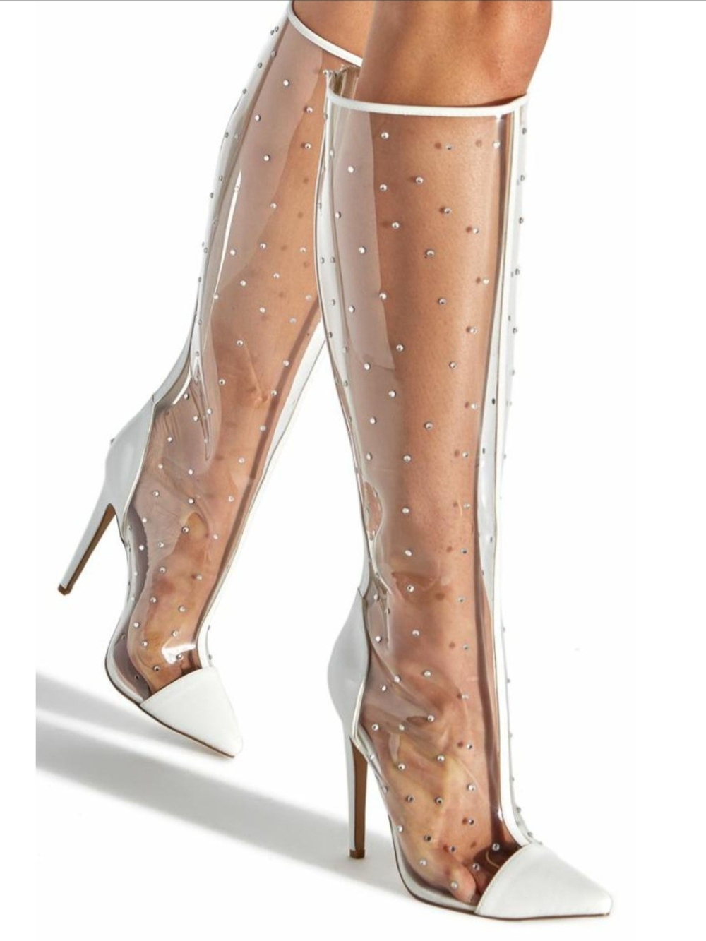 Shoe Dazzle Clear PVC Knee-High Boots with White Trim & Rhinestones